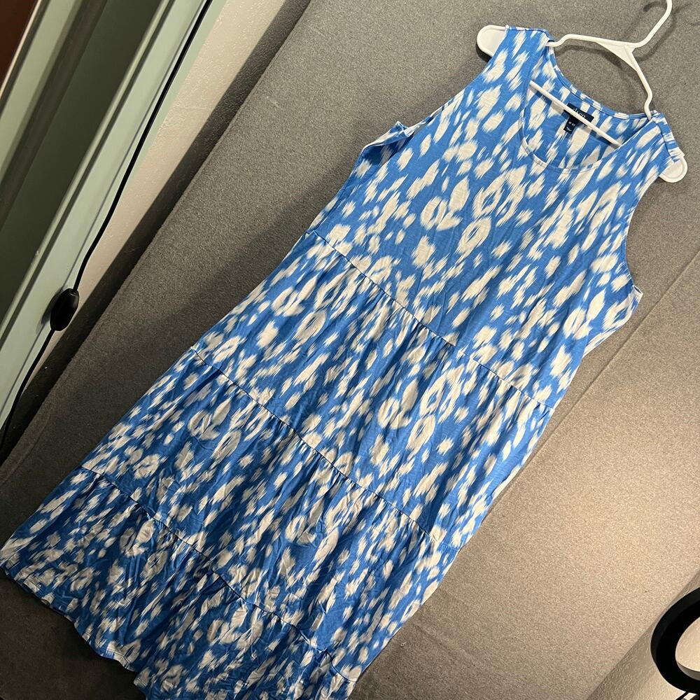 Denim & Co. Beach Tall Printed Knit Linen Blend Midi Dress Blue Ikat Tall XL